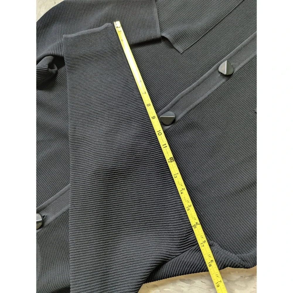 Misook Black Textured Knit Longline Cardigan Jacket Shoulder Pads Buttons Size M